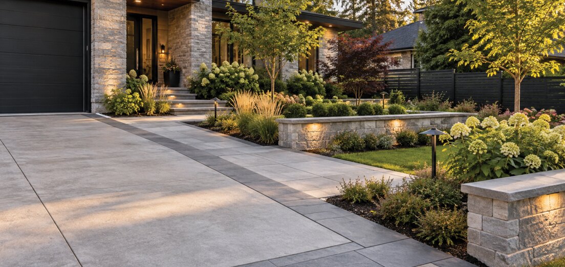 Landscaping, driveway and walkway